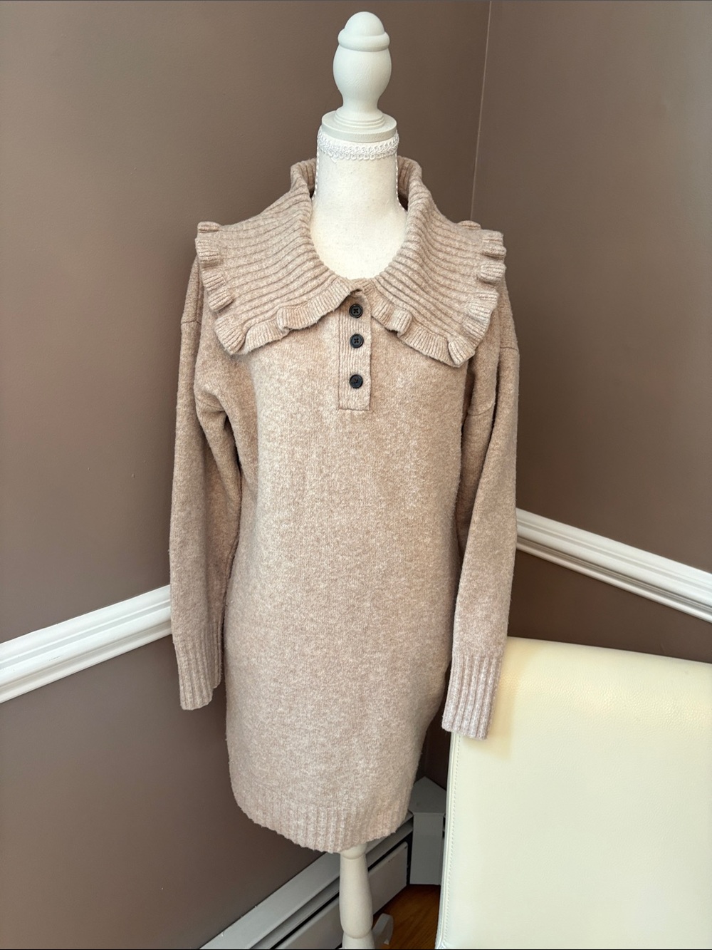 Camila Coelho Tan Ruffle-Collar Knit Sweater Dress